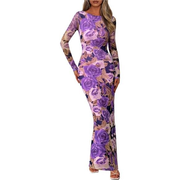 Bodycon Maxi Dress Long Sleeve Sexy Mesh Purple - Picture 1 of 7